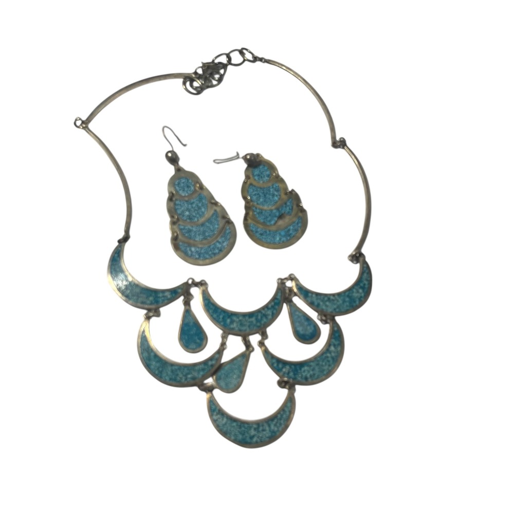Alpaca Mexico Turquoise Chip Inlay Bib Necklace &‎ Tiered Earring Set VTG